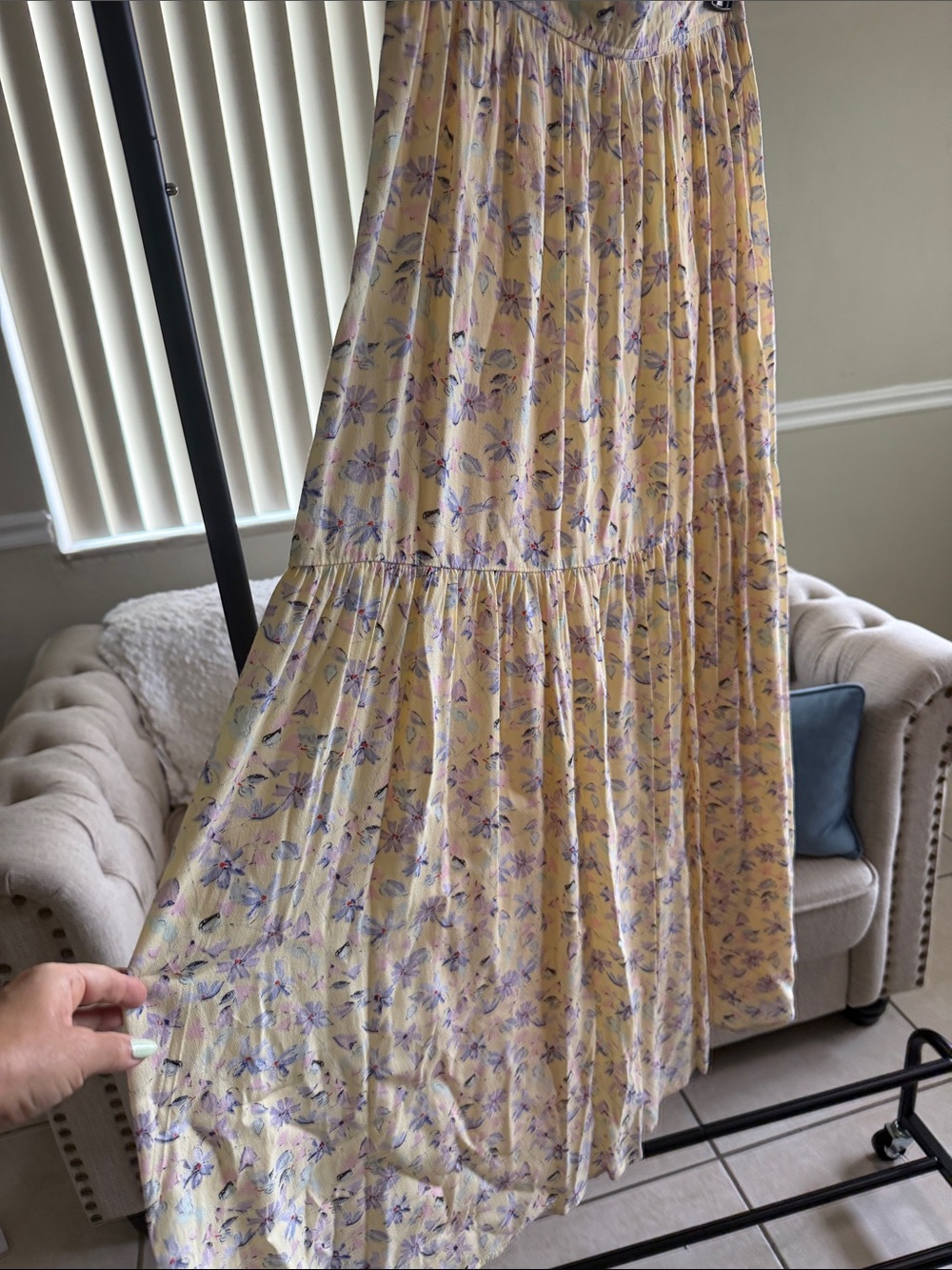 Yellow Floral Tiered Maxi Skirt with Lavender Accents
